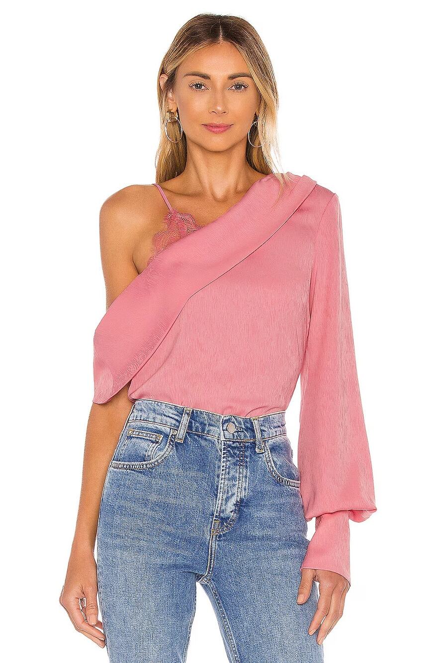 NBD Bekah One Shoulder One Sleeve Asymmetrical Pink Lace Blouse Top Small S